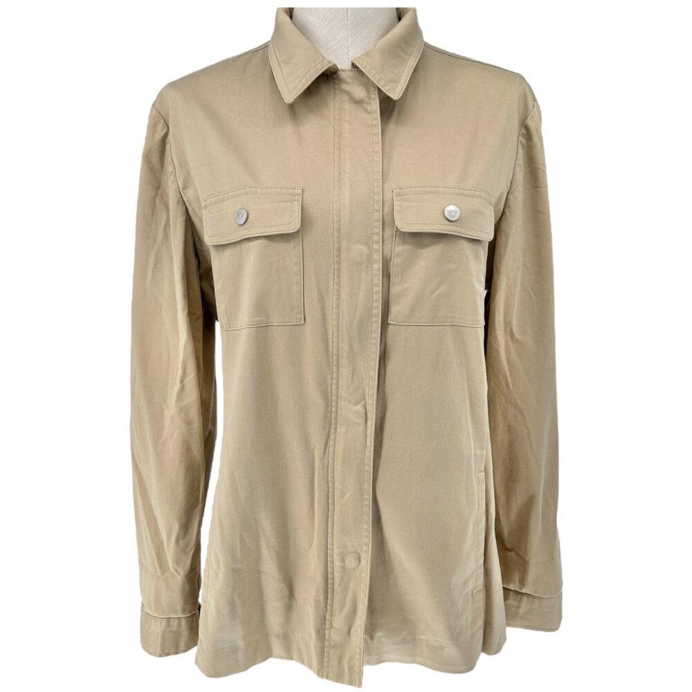 Evan-Picone Shacket Womens S Stretch Beige Shirt Jacket LS Pockets Zip Snap